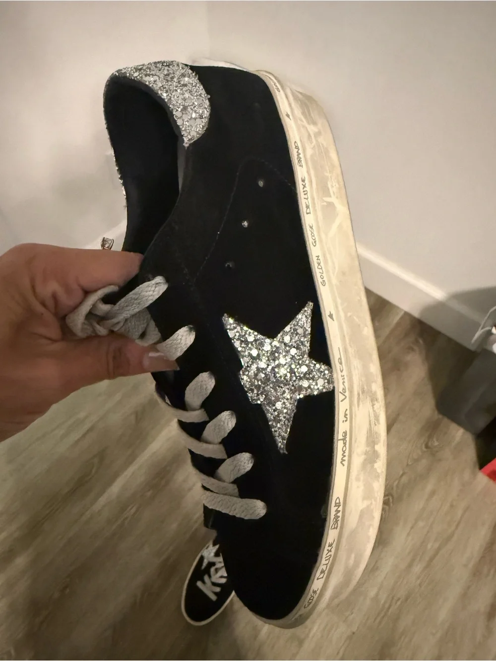 Golden Goose Hi Star Women’s Black Suede with Silver Glitter Star. Size 39